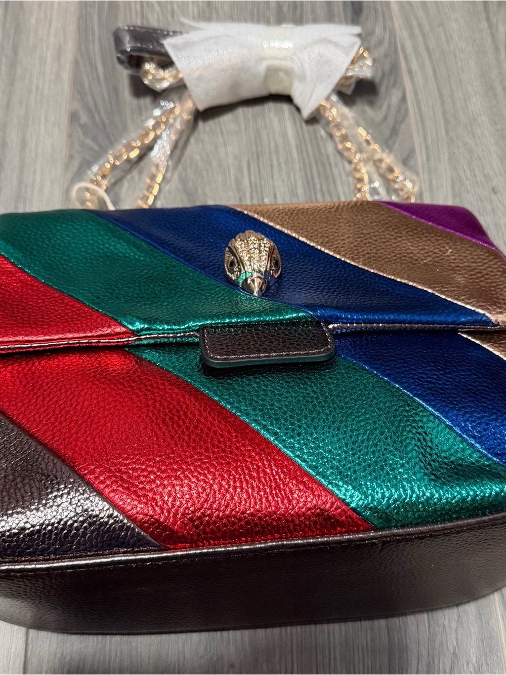 Metallic Multicolor Chevron Shoulder Bag with Gold Chain